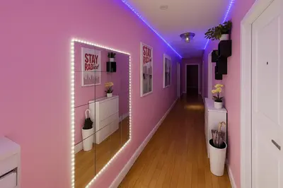 a hallway with a purple wall with a led light at Tropical style room in Geusthouse in New York