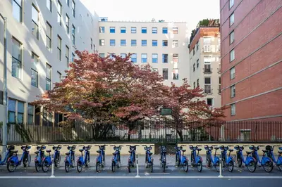 a row of blue bikes parked in a parking lot at Chelsea 1br w doorman lounge nr food hall NYC-1196 in New York