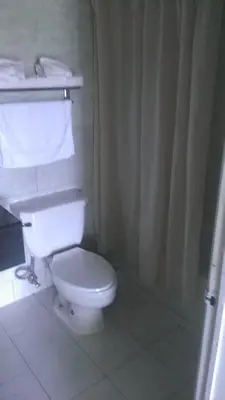 a bathroom with a white toilet and a shower curtain at Branford Motel in Branford