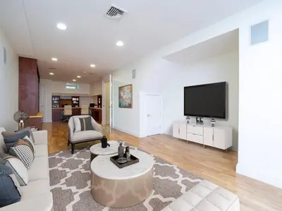 a living room with a couch and a tv at Green Utopia in New Canaan