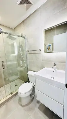 a bathroom with a toilet and a shower and a sink at Fancy private home