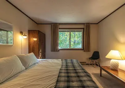 a bedroom with a bed and a desk and a window at Retro Retreat Charming Home with Hot Tub & Fire Pit in Rensselaer