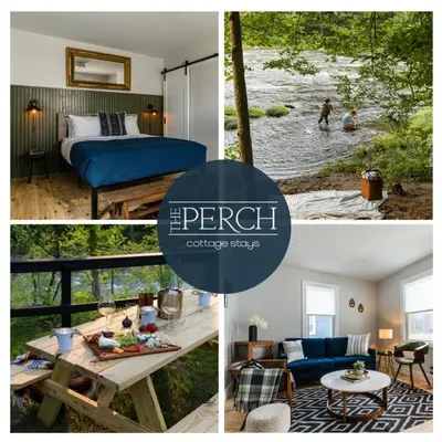 a collage of pictures of a bedroom and a living room at Perch Cottages #7 - Creek Access, Sauna, Mt views in Boiceville