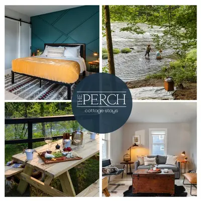 a collage of four pictures of a bedroom and a bed at Perch Cottages #15 - Creek Access, Sauna, Mt views in Boiceville