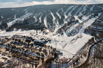 an aerial view of a ski resort in the snow at Burntwood Retreat in East Stroudsburg