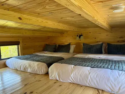 two beds in a room with wooden walls at Tiny Cabin #1 by Windham NY Escape 'Catskill Gem' in Hensonville