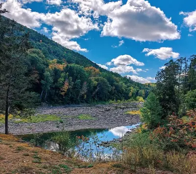 a river in the middle of a valley with trees at Peaceful Dome Getaway in the Catskills in Gilboa