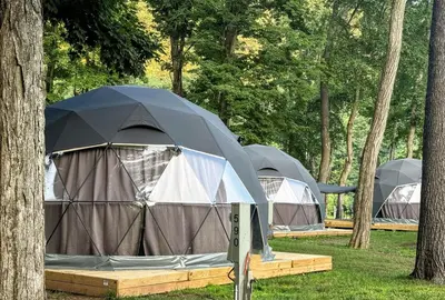 a row of tents in a park with trees at Boutique Glamping Dome in the Catskill Mountains in Gilboa