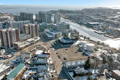 an aerial view of a city with a river and buildings at Harbor Haven, Apt #5, 3BR/2BA in Stamford