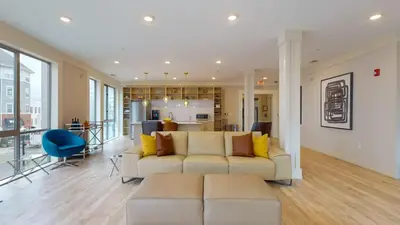 a living room with a white couch and a blue chair at Stylish Home and Cozy in Stamford