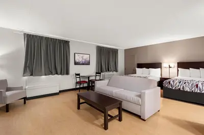 a hotel room with a bed and a couch at Red Roof Inn Norwich in Norwich