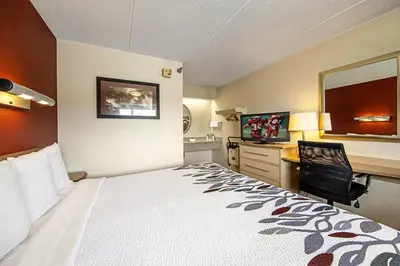 a hotel room with a large bed and a desk at Red Roof Inn Utica in Utica
