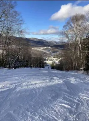 a snow covered slope with trees in the background at Deluxe Ski On Off 1BR Suite Sleeps 4 on Jiminy Mtn in Hancock