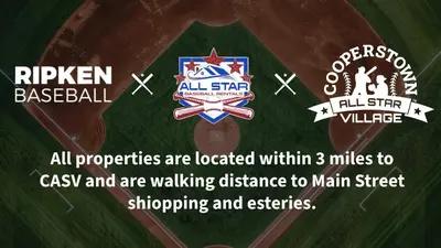 a sign for a baseball field with logos on it at After the Game Apt 2 All Star Baseball Rentals in Oneonta